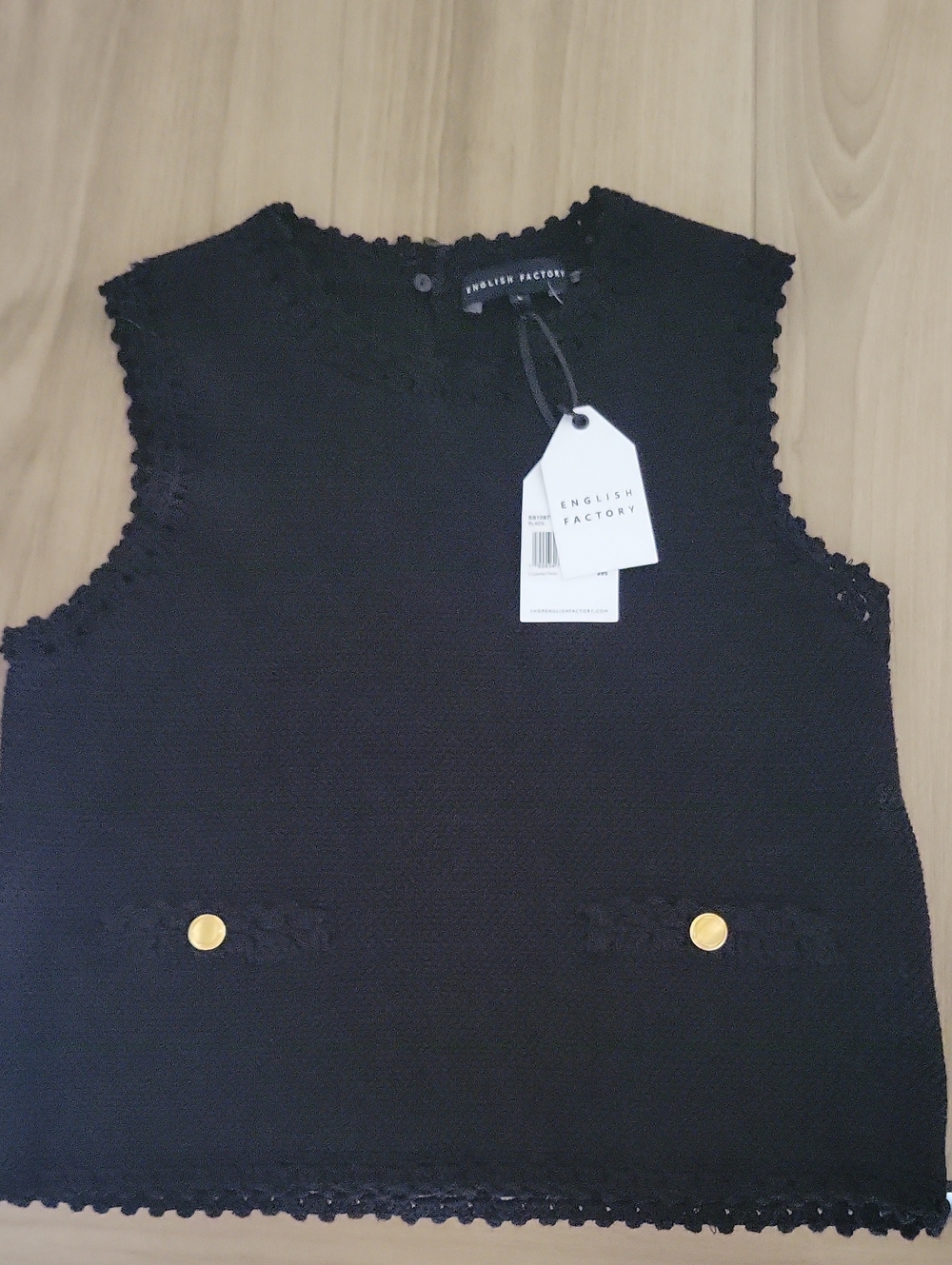 English Factory Black Crochet-Trim Sleeveless Shell with Gold Buttons